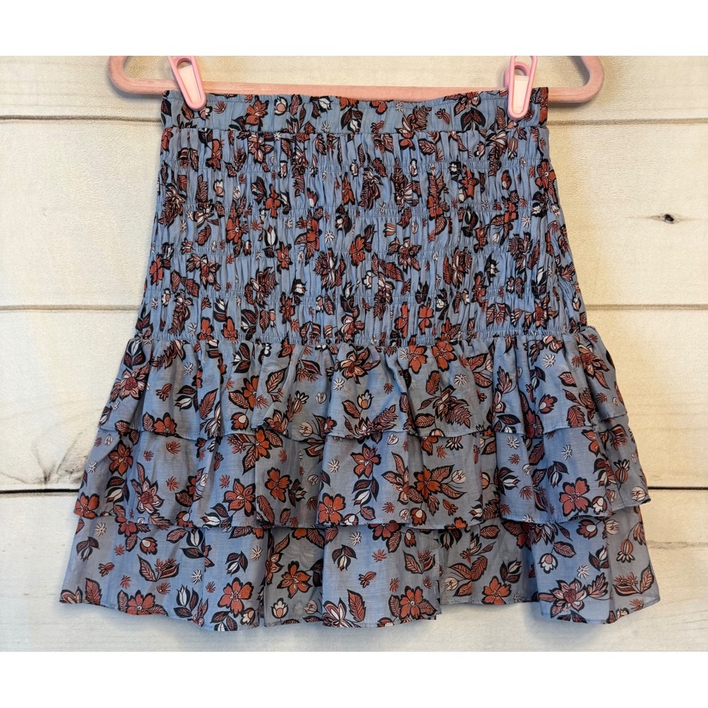 Current Air Los Angeles Blue Tangerine Floral Smocked Tiered Ruffle Mini Skirt S